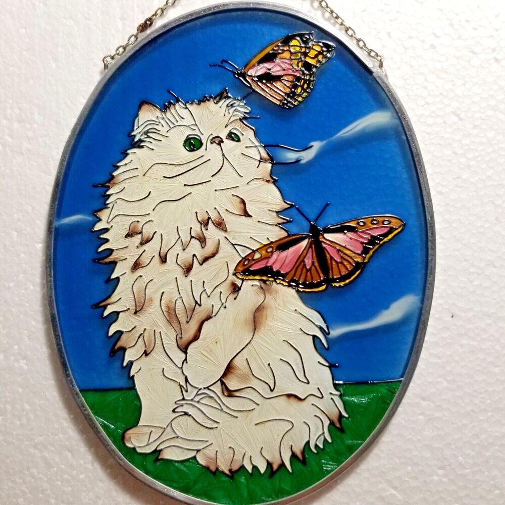 Cat & Butterflies Sun Catcher Hanging Multicolor Cat Lovers Glass Art